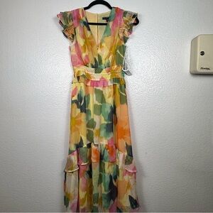 Maggy London Womens V-Neck Midi Dress with Ruffle Details Size 2